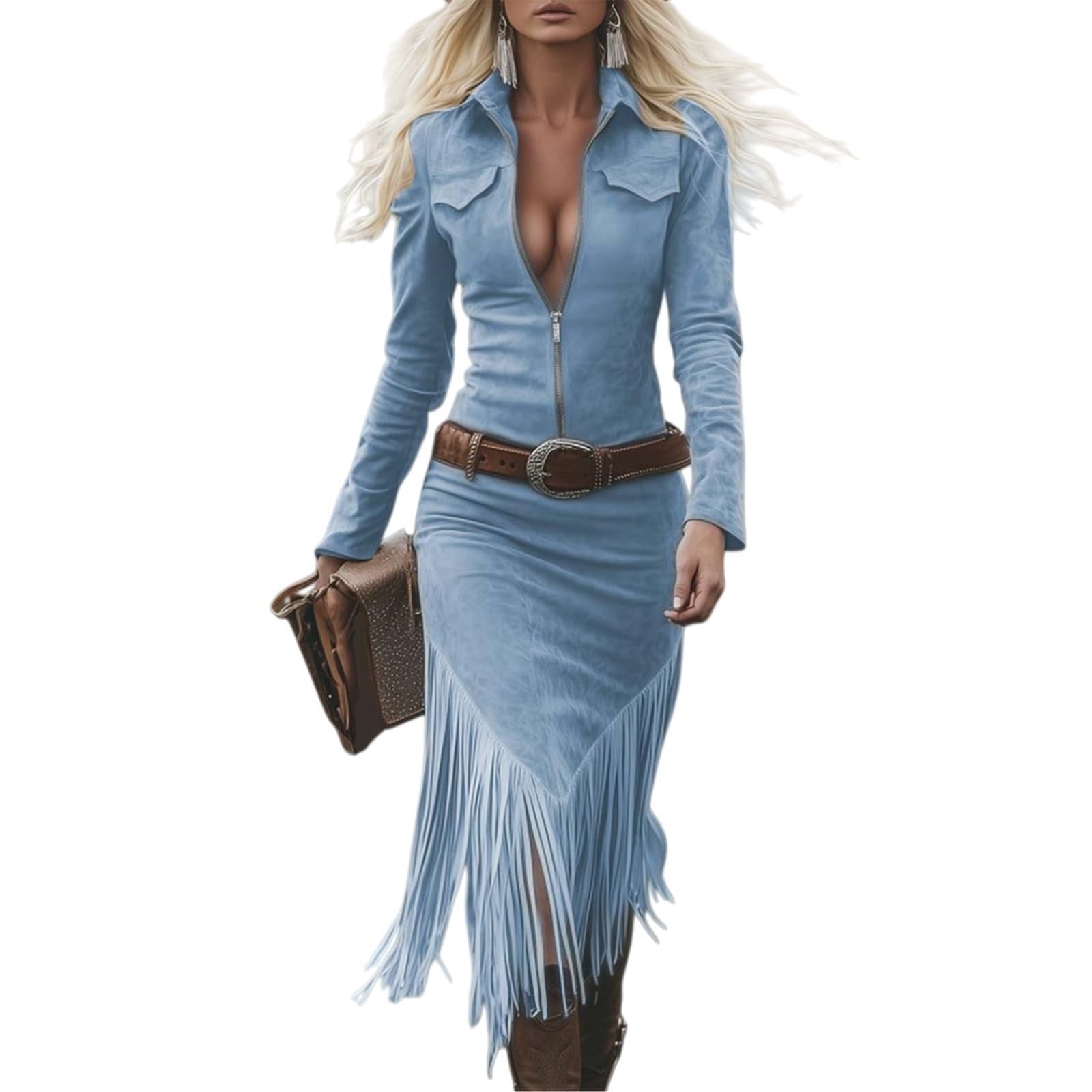 Women's Western Cowgirl Suede Dress Vintage Long Sleeve Slim Fit Fringe Dress Zip Collared Vacation Outfits without Belt