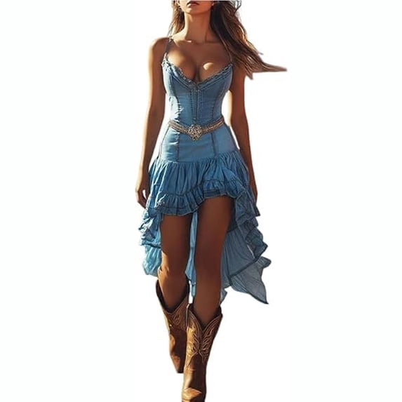 Women's Western Cowgirl Suede Dress, Vintage Western Ruffle Dresses, Western Boho Lace Ruffle Maxi Dress, Asymmetrical Western Country Cowgirl Dresses for Country Concert,BlueL