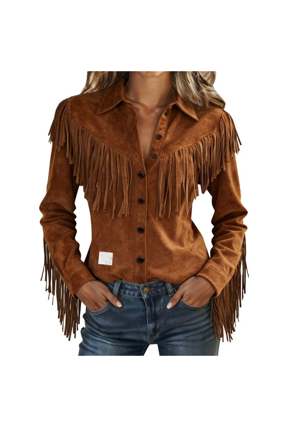 Women's Western Cowgirl Suede Shirts Vintage Button Down Slim Fit Fringe Shirts Tops,Long Sleeve Shirts for Women Solid Color Suede Fringe Western Tassel V Neck Spring Shirt Tops Summer Casual L