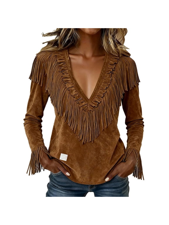 Women's Western Cowgirl Suede Shirts Vintage Button Down Slim Fit Fringe Shirts Tops,Long Sleeve Shirts for Women Solid Color Suede Fringe Western Tassel V Neck Spring Shirt Tops Summer Casual M
