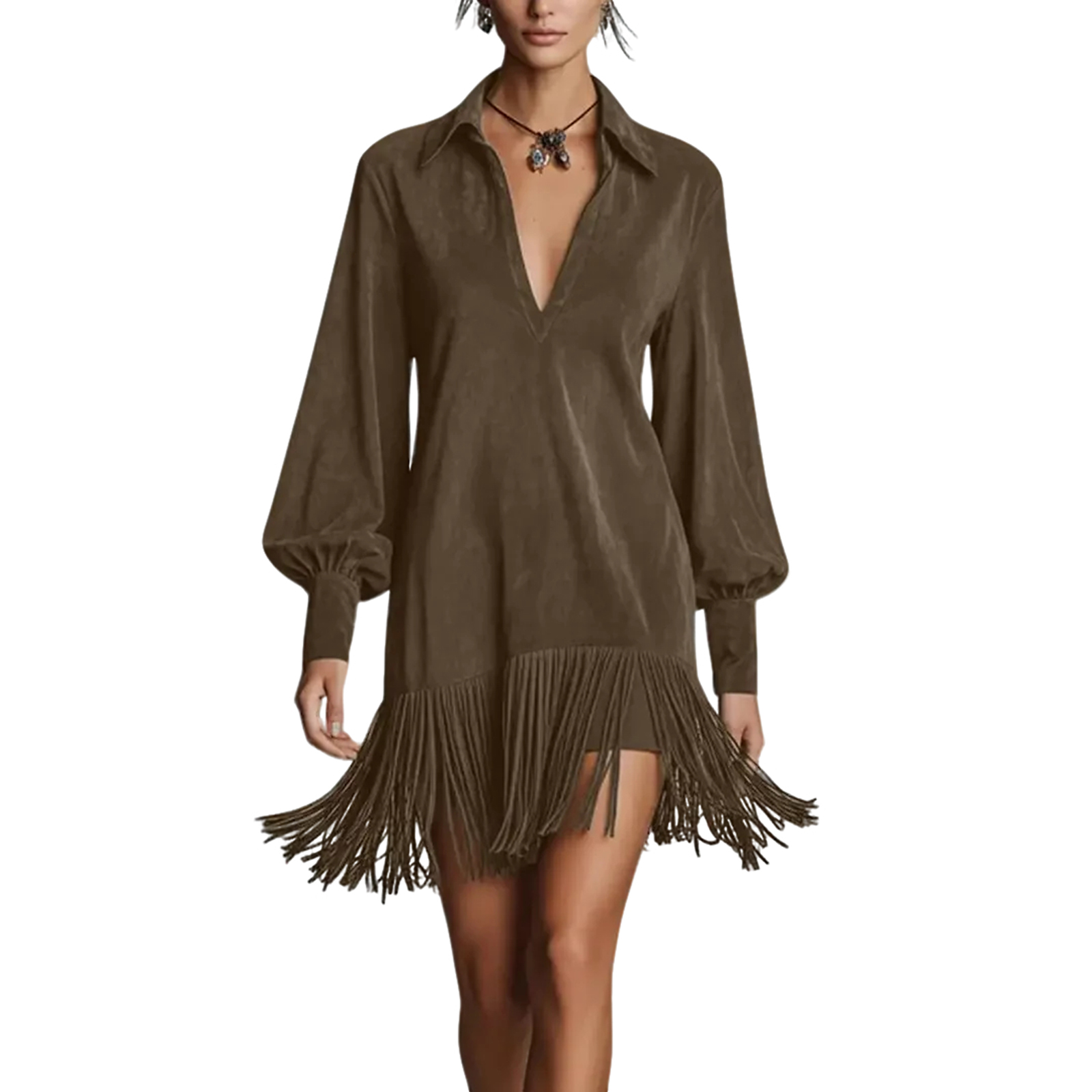 retro suede dress Melliflo Women's Retro Fringe Suede Dress Mock Neck Long Sleeve Velvet Midi Dress Casual Loose Fit Solid Dresses with Pockets Brown at Amazon Women's Clothing store