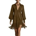 thumbnail image 1 of Women's Western Cowgirl Vintage Suede Dress,Sexy Long Sleeve V Lapel Fringe Hem Mini Dresses for Women 2026 Trendy Light Brown 2XL, 1 of 5