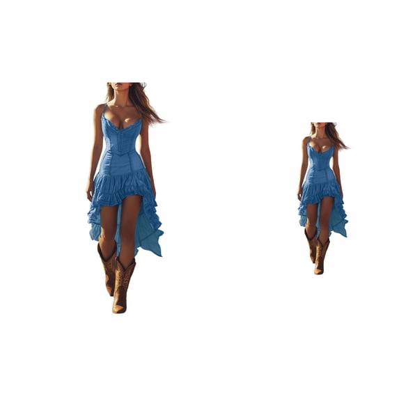 Women's Western Denim Floral Hem Midi Dress, Casual Boho Summer A-Line Swing Dress with Asymmetric Long Design, Short Sleeve V-Neck Beach Wear