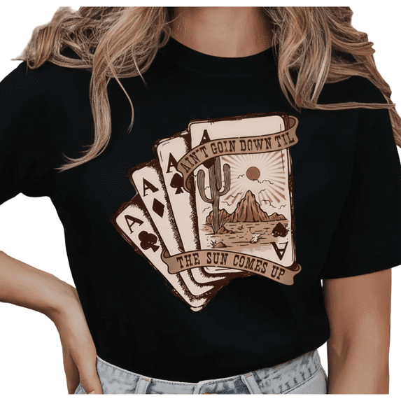 Women's Western Desert Cactus AIN'T GOIN DOWN TIL THE SUN COMES UP Graphic T Shirt Short Sleeve Round Neck Top Black S-5XL