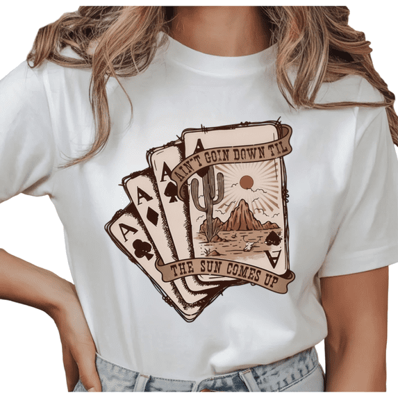 Women's Western Desert Cactus AIN'T GOIN DOWN TIL THE SUN COMES UP Graphic T Shirt Short Sleeve Round Neck Top White S-5XL