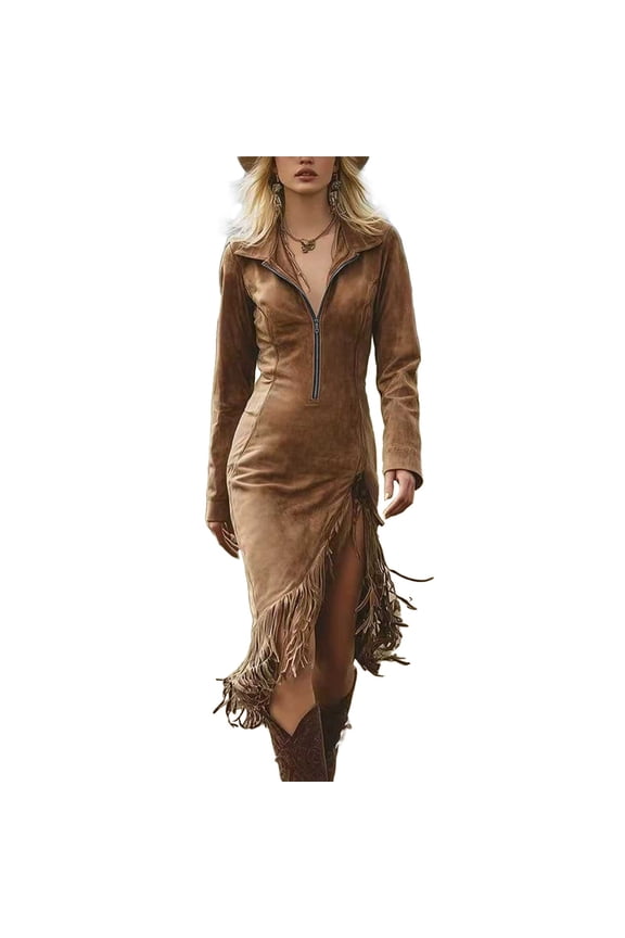 Women's Western Dress Fringe Long Sleeve Lapel Zip Suede Dress Vintage Cowgirl Country Concert Cowboy Irregular Hem Slim Midi Dress