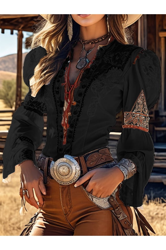 Women's Western Embroidered Boho Blouse V-Neck Lace Tie Waist Bell Long Sleeve Vintage Shirt