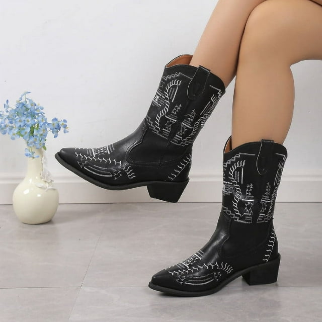 Women's Western Embroidery Cowboy Boots Pointed Toe Chunky Heel Long ...