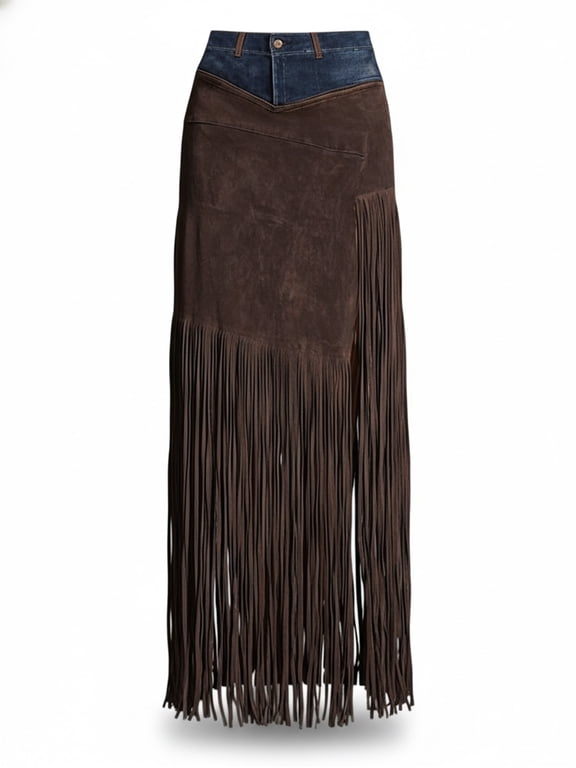 Women's Western Faux Suede Fringe Maxi Skirt Denim Patchwork High Waist Side Slit Cowgirl Country Concert Skirt
