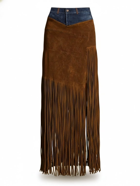 Women's Western Faux Suede Fringe Maxi Skirt Denim Patchwork High Waist Side Slit Cowgirl Country Concert Skirt