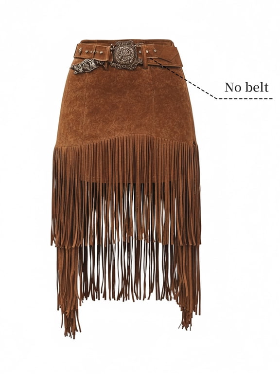 Women's Western Faux Suede Fringe Mini Skirt High Waist Tiered Tassel Cowgirl Country Concert Skirt (Belt Not Included)