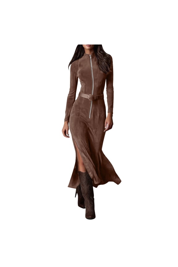 Women's Western Faux Suede Long Sleeve Slim Fit Maxi Dress with Slit Irregular Boho Casual Party Date Dress,Coffee,XL