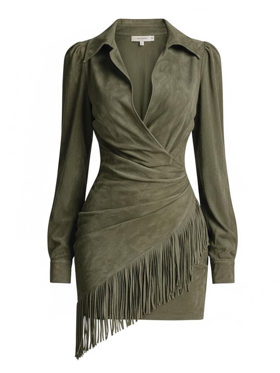 Women's Western Faux Suede Mini Dress, V-Neck Wrap Vintage Boho Dress with Fringe Hem and Puff Sleeves, Elegant Sexy Party Dress