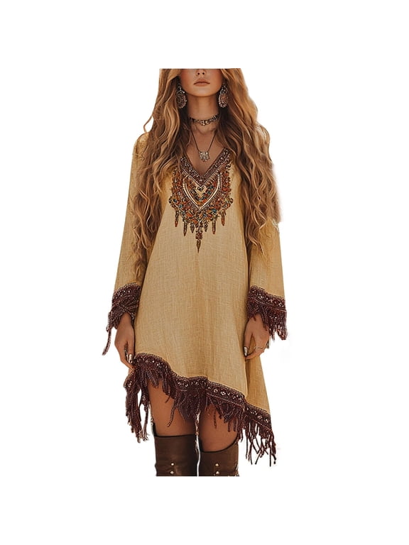 Women's Western Floral Embroidered Cowgirl Dress Fringe Tassel Boho Mini Dress Coffee 2XL