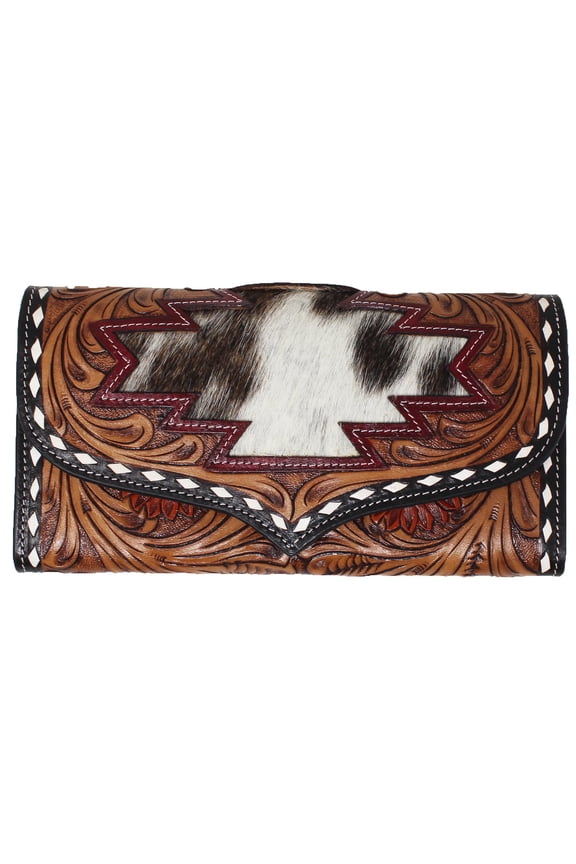 Women's Western Floral Tooled Cowhide Buckstitch Wallet Clutch 18FKW58C