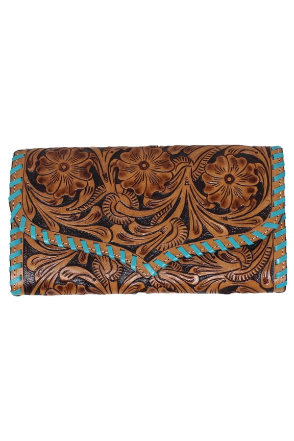 Women's Western Floral Tooled Turquoise Laced Leather Wallet Clutch 18FKW37C