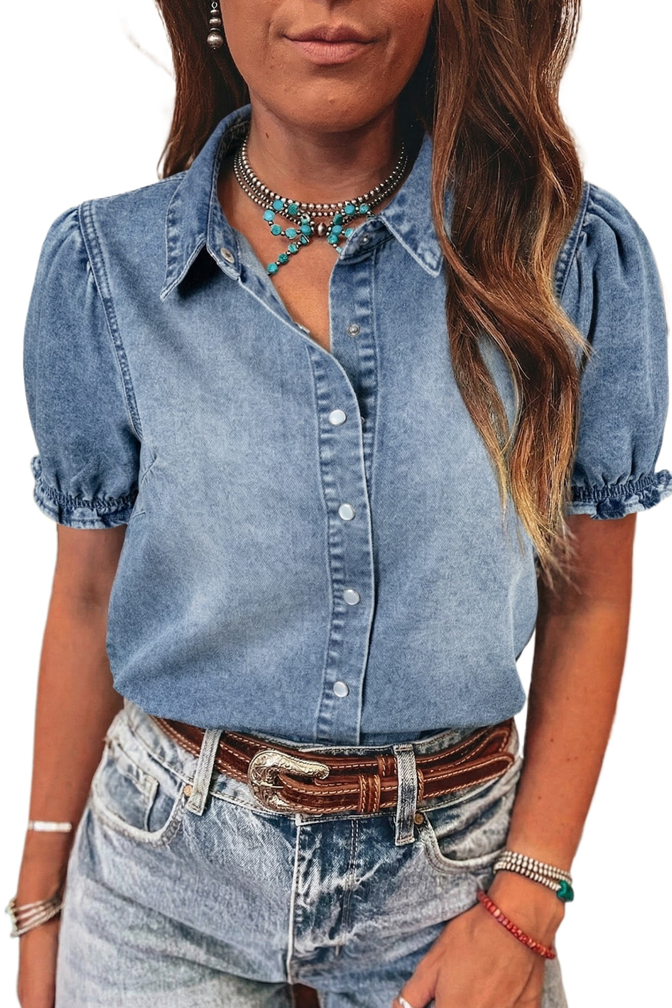 Women's Western Frilled Short Sleeve Denim Shirt – Beau Blue Snap Button Collar Blouse, XL