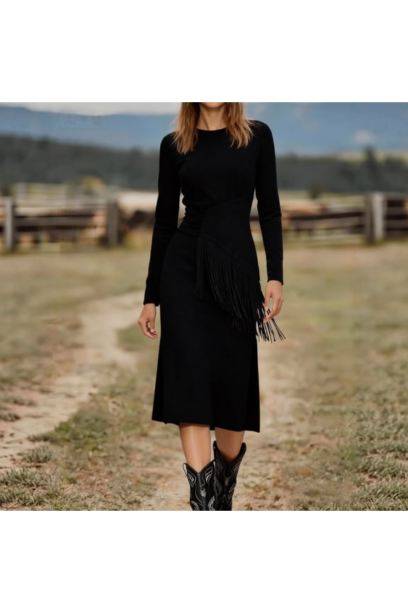 Women's Western Fringe Dress Long Sleeve Slim Fit,Asymmetric Draped Bodice with Side Slit Maxi Dress,Retro Boho Cowgirl Dress in Brown,Black,apricot