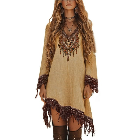 Women's Western Fringe Dress Western Cowgirl Floral Boho Embroidery Dresses Casual Vintage V Neck Long Sleeve Dress