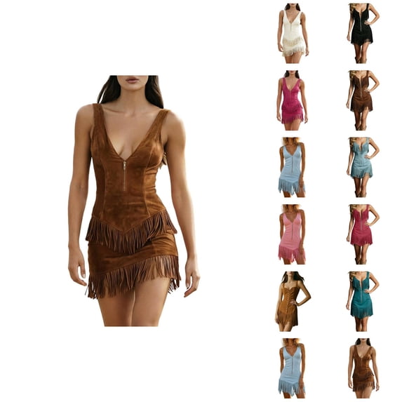 Women's Western Fringe Halter Dress Cowgirl Bodycon Mini Party Rave Concert Dresses