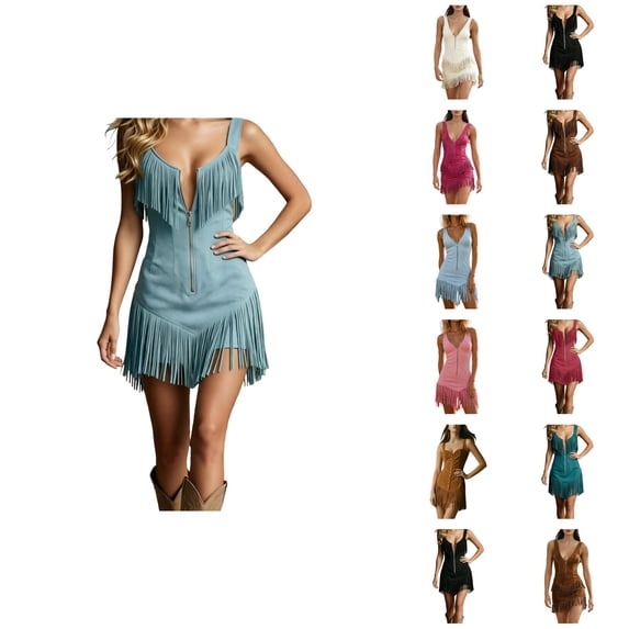 Women's Western Fringe Halter Dress Cowgirl Bodycon Mini Party Rave Concert Dresses