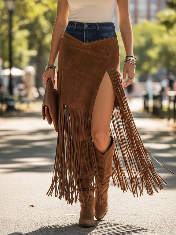 Women's Western Fringe Skirt, High Waist Side Slit Tassel Maxi, Boho Chic Slimming Stretchy Casual, Holiday Party Gown Women