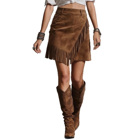 Women's Western Fringe Suede A-Line Skirt, High Waist Asymmetric Hem,Retro Cowgirl Outfit,Music Festival Concert Country Dance Outfit for Women
