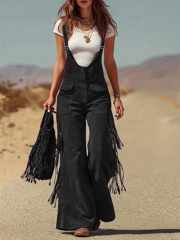 Women's Western Fringe Suede Flared Jumpsuit, Adjustable Strap Retro Cowgirl Overalls, Casual Daily Music Festival Outfit for Women