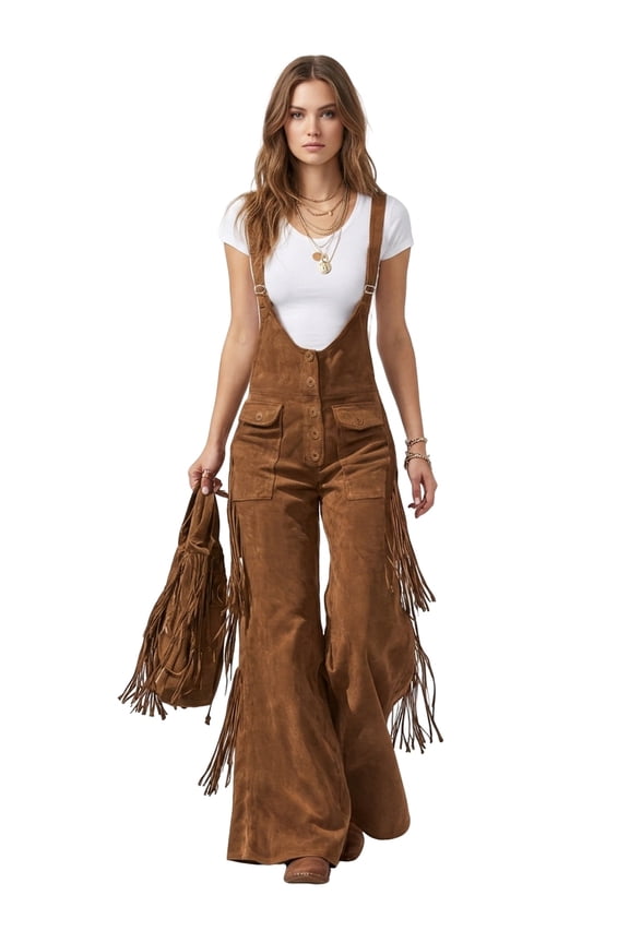 Women's Western Fringe Suede Flared Jumpsuit, Adjustable Strap Retro Cowgirl Overalls, Casual Daily Music Festival Outfit for Women