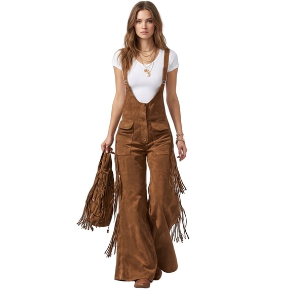 Women's Western Fringe Suede Flared Jumpsuit, Adjustable Strap Retro Cowgirl Overalls, Casual Daily Music Festival Outfit for Women