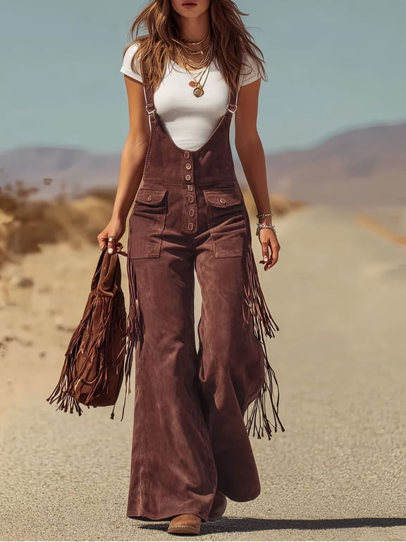 Women's Western Fringe Suede Flared Jumpsuit, Adjustable Strap Retro Cowgirl Overalls, Casual Daily Music Festival Outfit for Women