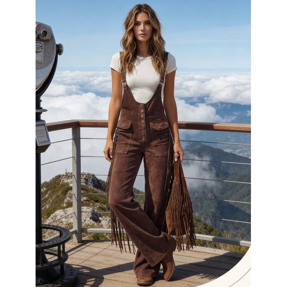 Women's Western Fringe Suede Flared Jumpsuit, Adjustable Strap Retro Cowgirl Overalls, Casual Daily Music Festival Outfit for Women