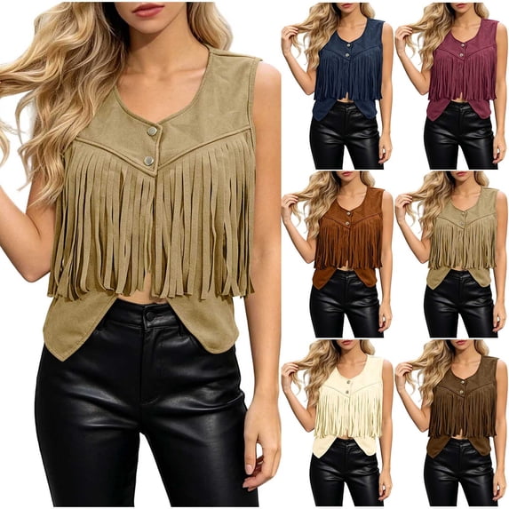 Women's Western Fringe Vest Fashion Trendy Fall Faux Suede Sleeveless V Neck Button Down Cropped Jacket Cowgirl Rose Gold XL(XL)