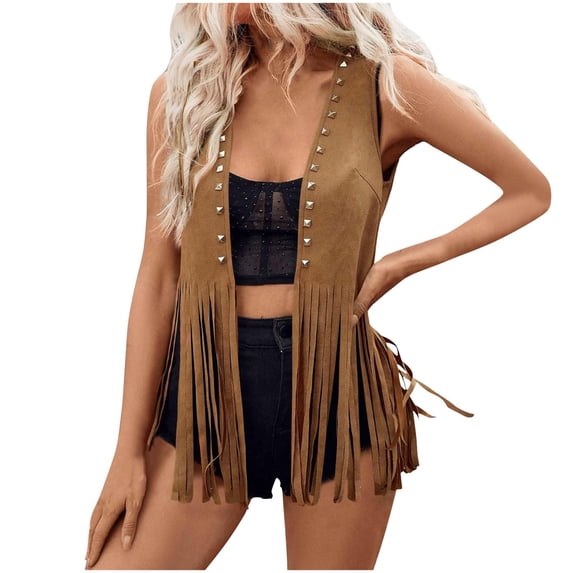 Women's Western Fringe Vest Sleeveless Faux Suede Cowgirl Jacket 70s Hippie Tassel Trim Open Front Cardigan Outfit