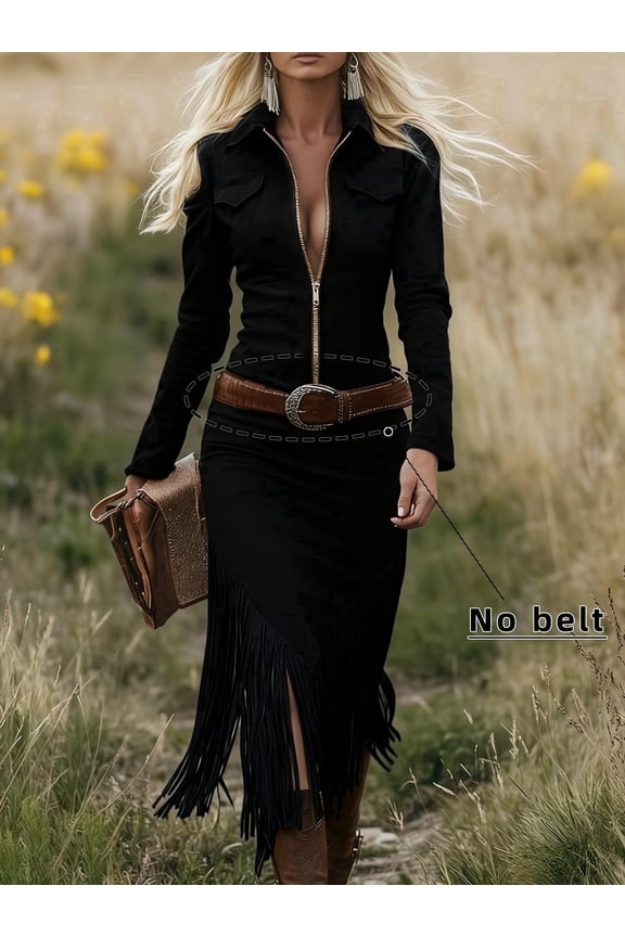 Women's Western Fringe Zip Front Bodycon Dress, Long Sleeve Lapel Collar Tassels Midi Dress, Cowgirl Party Outfit for Women