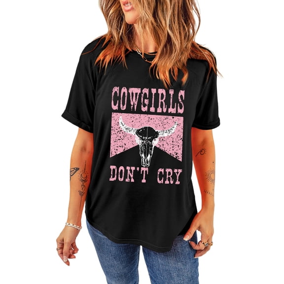 Women's Western Graphic Black COWGIRL DONT CRY Steer Head Print Short Sleeve Top