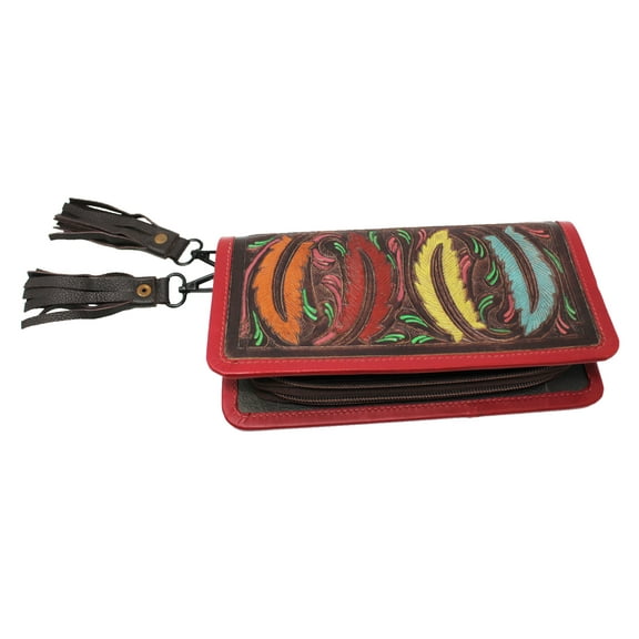 Women's Western Hand-Tooled Painted 100% Leather Clutch Wallet 27AA11BR