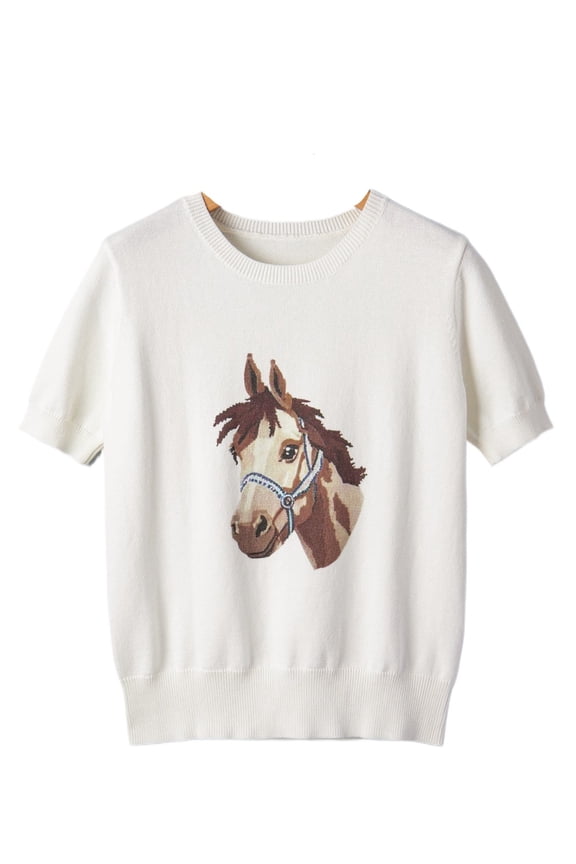 Women's Western Horse Head Print Short Sleeve Sweater – Casual Round Neck Summer Knit Top, XL