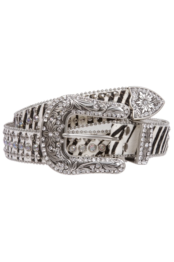 Women's Western Leopard Zebra Print Calf Hair Rhinestone Rivet Detailing Belt