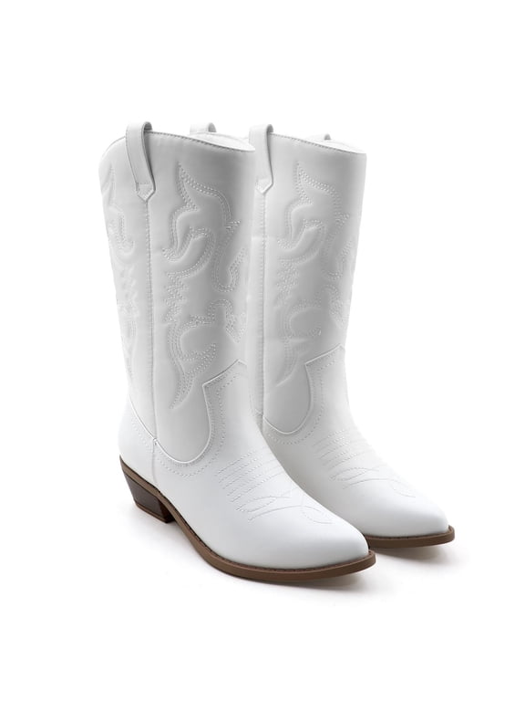 Women’s Western Mid-Calf Cowboy Boots Square Toe Pull-On Chunky Heel Boots PU Leather Wide Fit Riding Cowgirl Boots
