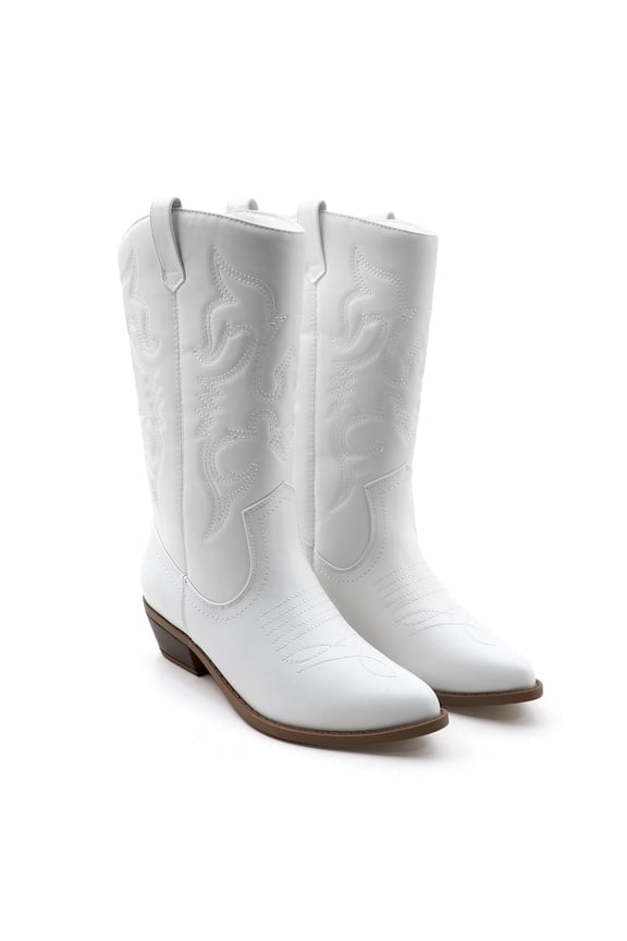 Women’s Western Mid-Calf Cowboy Boots Square Toe Pull-On Chunky Heel Boots PU Leather Wide Fit Riding Cowgirl Boots