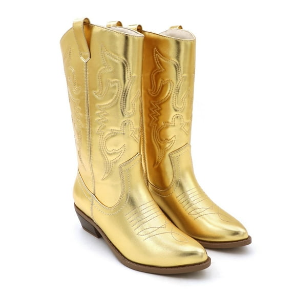 GJPBGK Women’s Western Mid-Calf Cowboy Boots Square Toe Pull-On Chunky Heel Boots PU Leather Wide Fit Riding Cowgirl Boots