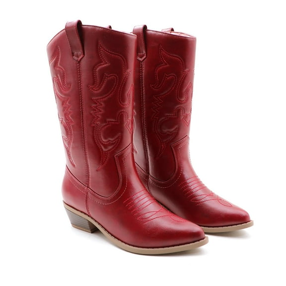 GJPBGK Women’s Western Mid-Calf Cowboy Boots Square Toe Pull-On Chunky Heel Boots PU Leather Wide Fit Riding Cowgirl Boots