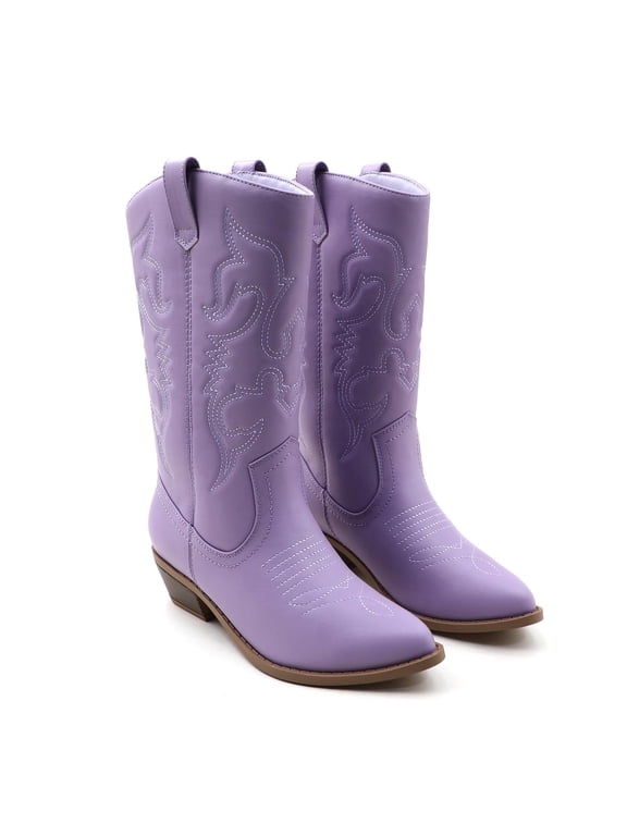 Women’s Western Mid-Calf Cowboy Boots Square Toe Pull-On Chunky Heel Boots PU Leather Wide Fit Riding Cowgirl Boots