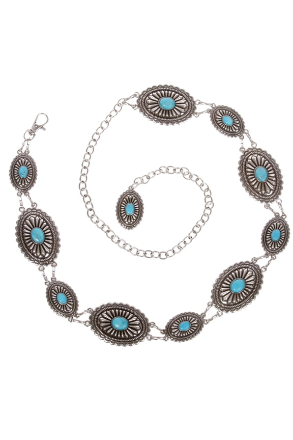 Women's Western Oval Turquoise Stone Concho Chain Belt