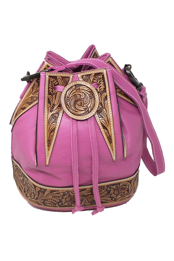 Women's Western Pink Pebbled Leather Floral Tooled Drawstring Bucket Bag Purse 18FKH32PK
