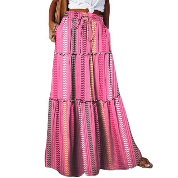 Women's Western Printed Maxi Skirt with Pocket 2025 Trendy Spring Summer Elastic Ruffle Tiered A-Line Flowy Swing Maxi Skirts