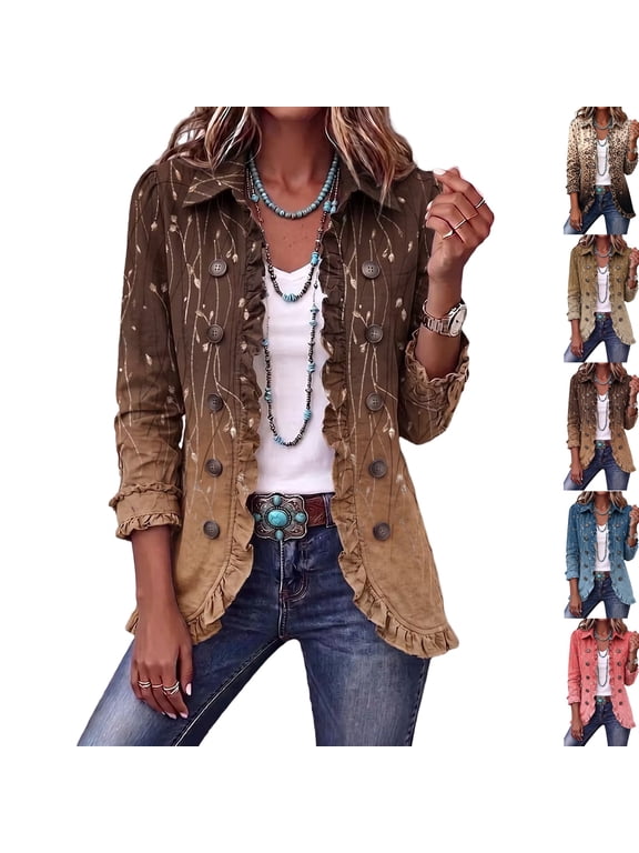 Women's Western Ruffled Button Down Jacket, Vintage Gradient Print Long Sleeve Lapel Coat, Boho Casual Open Front Outerwear for Spring Fall Daily Wear Coffee S