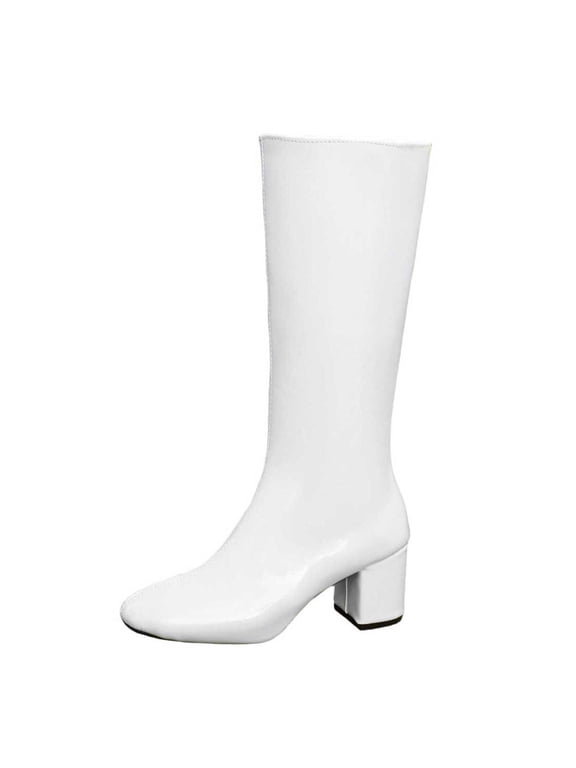 Women's Western Style Block Heel Knee High Boots Side Zipper Fall Winter Walking Shoes Fashion Comfortable Pull on Wide Calf Knight Boots White 7.5(40)