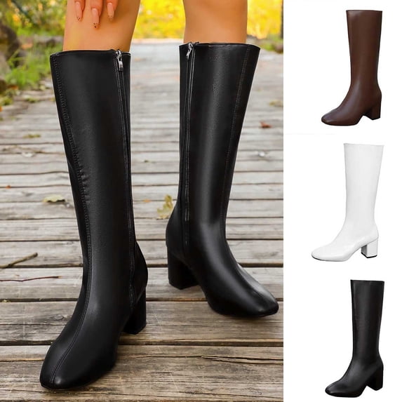 Women's Western Style Block Heel Knee High Boots Side Zipper Fall Winter Walking Shoes Fashion Comfortable Pull on Wide Calf Knight Boots White 9(42)